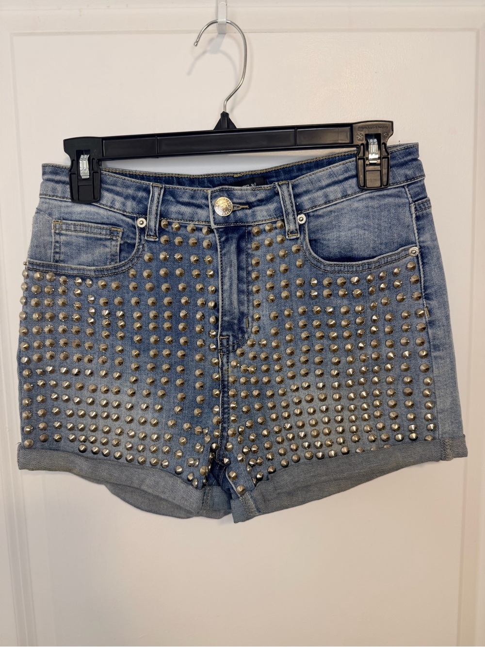Studded Light Blue Denim High-Waist Shorts